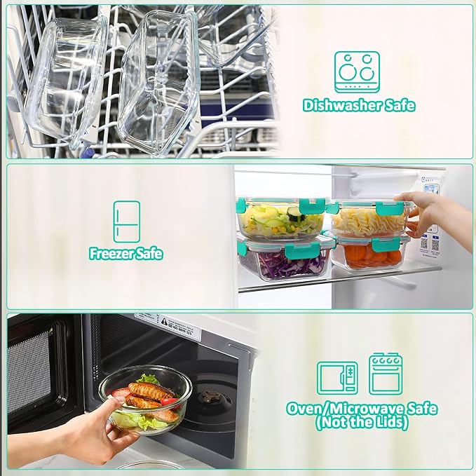 M MCIRCO 10 Pack Glass Food Storage Container with Lids, Green | Glass Meal Prep Containers with Lids, Airtight Lunch Bento Boxes,Microwave, Oven, Freezer and Dishwasher Friendly, BPA Free