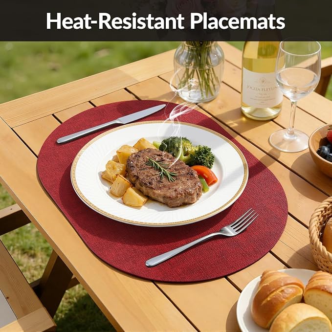 Placemats Set of 6, 11.8 x 17 Inch, Red | Heat Resistant Oval Faux Leather Place Mats, Waterproof Wipeable Reversible PU Placemat, Indoor & Outdoor