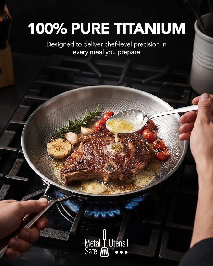 Titanium frying pan for cooking,12-Inch with Lid Bread Baking pan | PFAS/PFOA/PTFE-Free,Non-Toxic Pure Hammered Titanium Pro Pan,All Cooktop Compatible,Dishwasher & Oven Safe