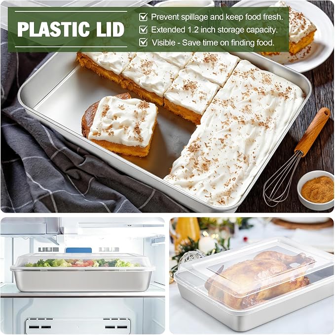 TeamFar Baking Pan with Lid, 12.5"x9.8" Rectangule Cake Pan- 1Pan + 1Lid | Stainless Steel Lasagna Pan with Cover for Cake Brownie Casseroles, Birthday Party Outdoor, Healthy, Oven & Dishwasher Safe