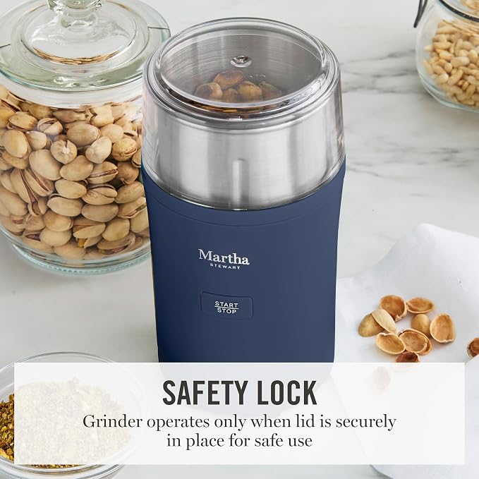 Martha Stewart Electric Coffee & Spice Grinder with Dual Bowls, Indigo Blue | Dual 2.5oz Removable Bowls for Coffee Beans, Nuts, Herbs & Spices, Stainless Steel Blade, One-Touch Pulse Control, Easy Clean