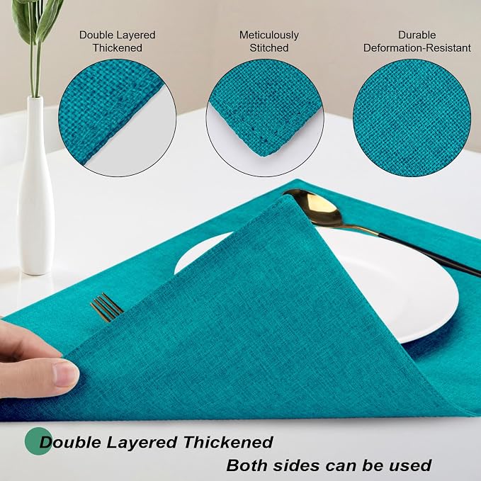 Cloth Placemats Set of 6, Cotton Linen Blend Place Mats, Teal | Machine Washable, Double Layered, Heat Resistant, Fabric Dining Table Mats for Kitchen, Indoor & Outdoor, 13" x 19"