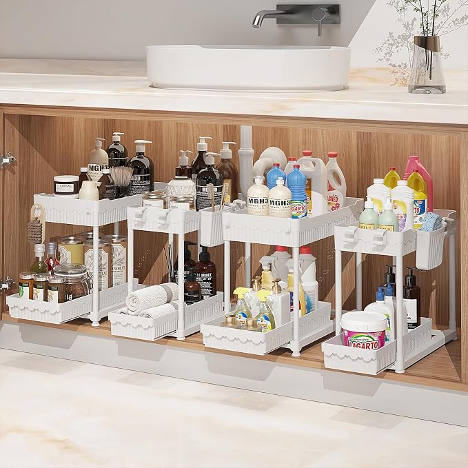 4-Pack 2-Tier Under Sink Organizer with Pull Out Drawers | Multi-use kitchen & bathroom storage. Includes hanging hooks and cups. White, space-saving cabinet design. 12.8 Inch