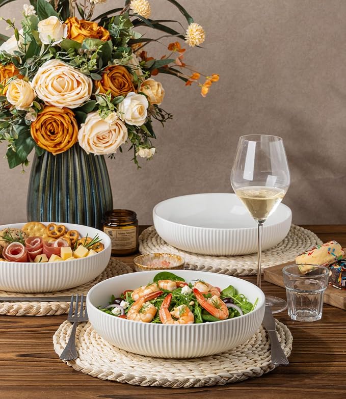 8.5" Ceramic Pasta Bowls Set of 4, Salad Bowls | Versatile Serving Bowls for Pasta, Salad, Fruit & Noodles, Housewarming & Wedding Gift, Bright White