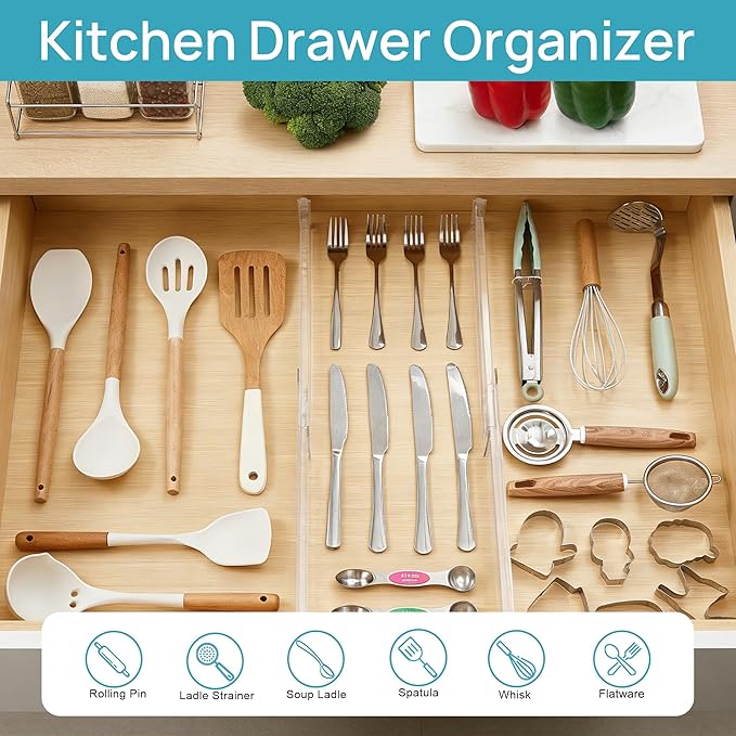 Vtopmart 4 Pack Shallow Drawer Dividers, 2.36" High 12.5"-20.8" Adjustable Expandable Kitchen Drawer Organizer, Clear Plastic Organizer Separators for Flatware, Utensil, Cutlery, Underwear, Clothes | Expandable Kitchen Drawer Organizer, Clear Plastic O...