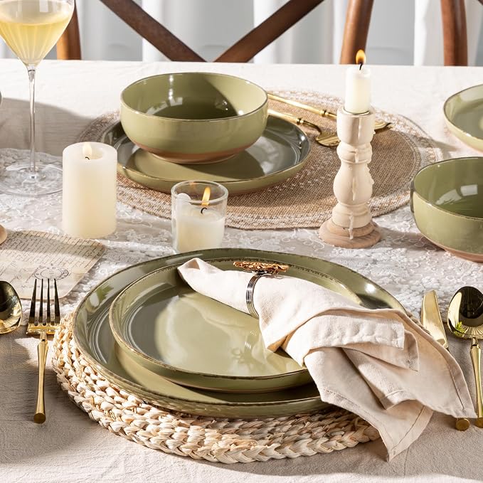 AmorArc Dinnerware Sets for 4, 12 Pieces Ceramic Plates and Bowls Set | Scratch Resistant Stoneware Dishes Set, Dishwasher & Microwave Safe,Olive Green