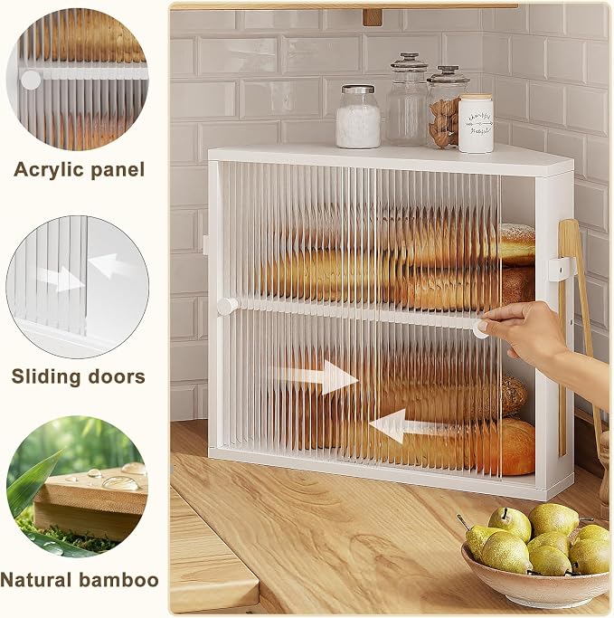 Corner Bread Box with Sliding Acrylic Doors, Double Layer Bread Bin | Bread Box for Kitchen Countertop, Bamboo Bread Storage Container, Large Capacity Vintage Farmhouse, White, Meduim