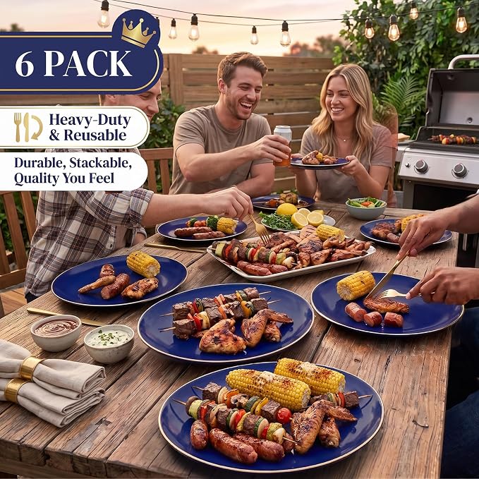 6PCS Oval Blue Plastic Plates - 10"x12" Navy Blue and Gold Plastic Platters - Heavy Duty Oval Disposable Serving Trays for Parties/Birthday/Weddings/Catering/BBQ