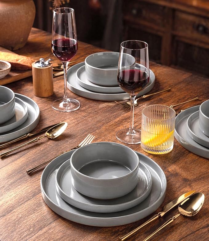 AmorArc Stoneware Dinnerware Sets for 4,12Pcs Plates and Bowls Set | Handmade Ceramic Dish Set,Dishwasher & Microwave Safe,Scratch Resistant-Gray