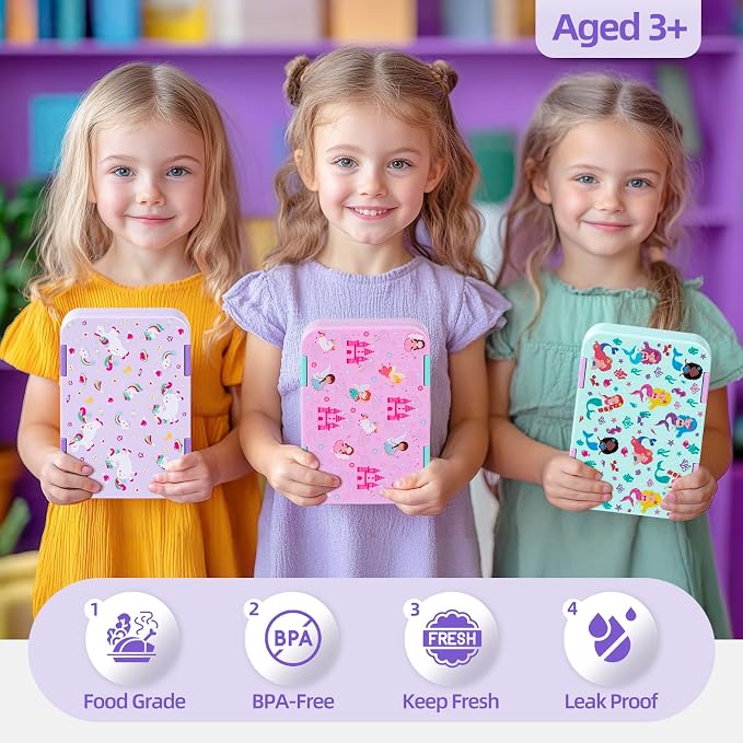 Bento Lunch Box for Kids, 5/6 Compartments, Purple Patterned | Dishwasher Safe Back to School Snack Bento Lunch Containers Boxes, Ideal Portion Sizes for On-the-Go Meal, Ages 3+, School
