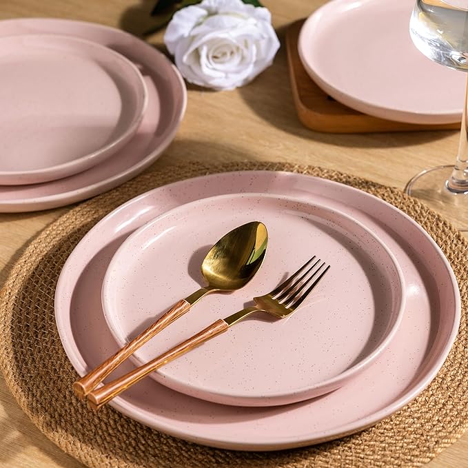 AmorArc Dinnerware Sets for 4, 12 Pieces Ceramic Plates and Bowls Set | Scratch Resistant Stoneware Dishes Set, Dishwasher & Microwave Safe, Cloud Pink