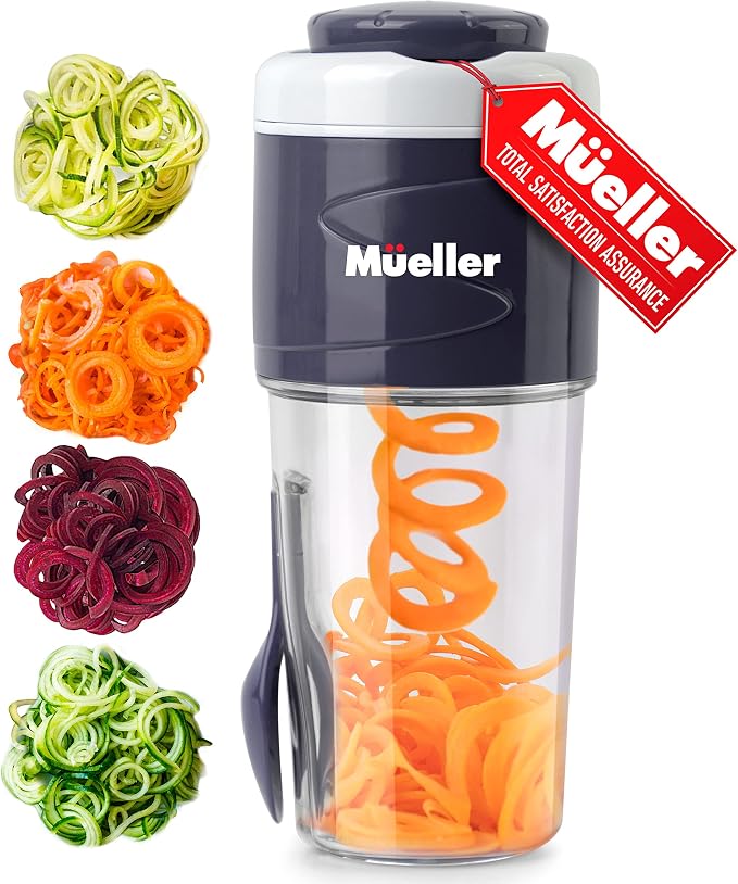 Mueller Spiralizer for Veggies, Salad Container for Lunch - All-In-One Food Prepper, Zucchini Noodle Maker, Vegetable Spiralizer, Comes with Fork, Salad Dressing Container/Spice-Nut Containers