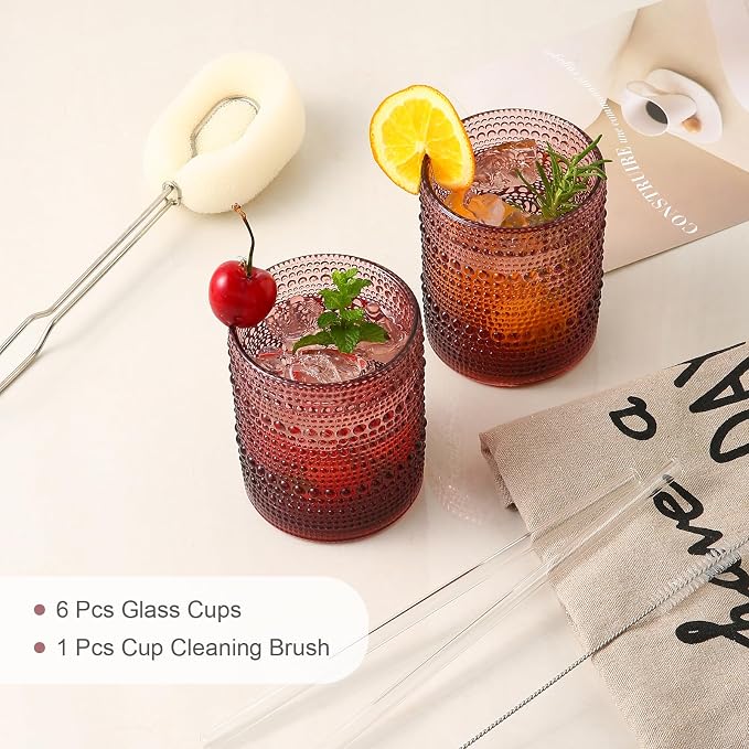 ZMOWIPDL Drinking Glasses Set of 6,12oz Purple Hobnail Glass Cups | Vintage Glassware，Embossed Water Tumbler,for Beer,Cocktail,Whiskey,Juice and Various Mixed Drinks- 1 Cleaning Brush