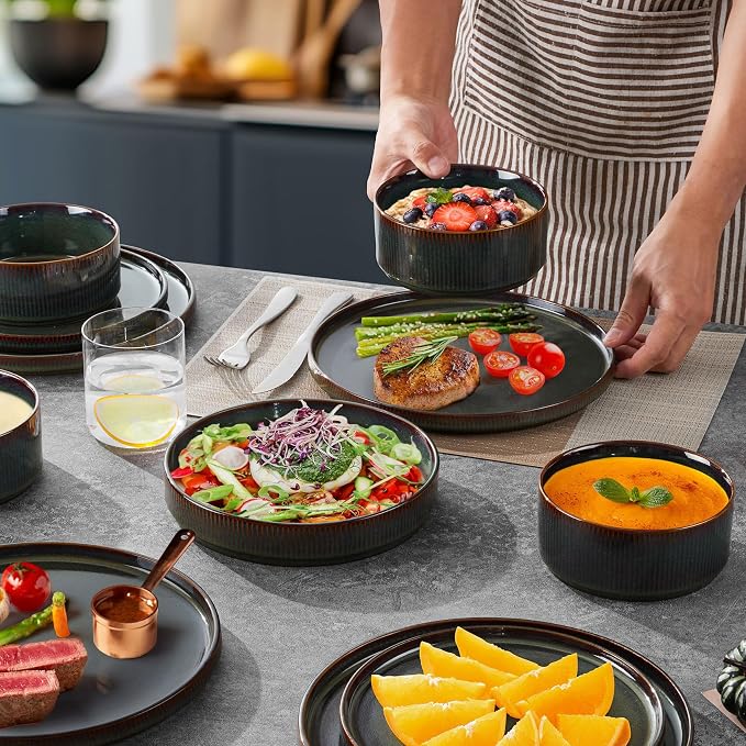 LIANYU Dinnerware Sets with Pasta Bowls, 24 Piece Ribbed Dinnerware Plates and Bowls Set for 6, Elegant Modern Stoneware Dishes Set for Kitchen Dining, Microwave and Dishwasher Safe, Jungle Green
