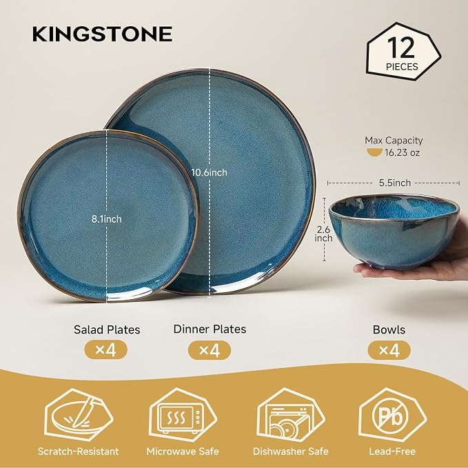 Stoneware Dinnerware Sets for 4, Reactive Glaze Plates and Bowls, Blue | 12-Piece Handcrafted Rustic Porcelain Dishes Set, Highly Scratch Resistant, Dishwasher & Microwave Safe