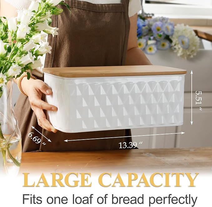 Large White Diamond Embossed Bread Box with Bamboo Lid | Corner Breadbox for Homemade Bread, Metal Bread Storage Container Bin for Kitchen Countertop