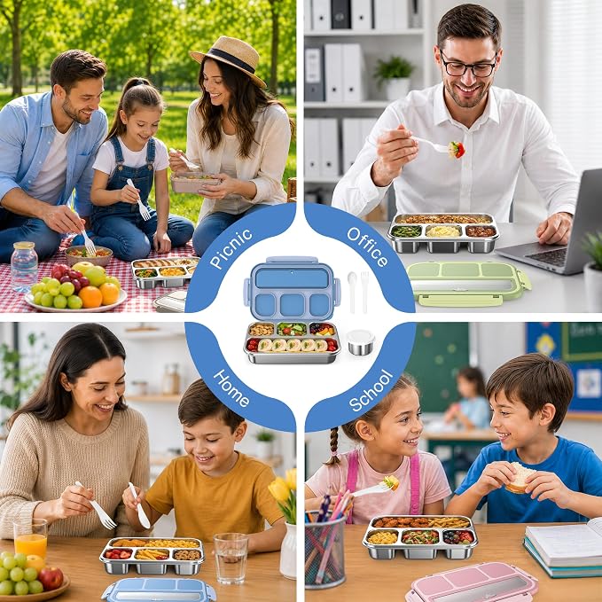 Stainless Steel Bento Box Adult Kids, Leakproof Metal Lunch Box Containers 4 Compartments, 32 Oz Reusable Food Storage Containers for Office and School, Blue