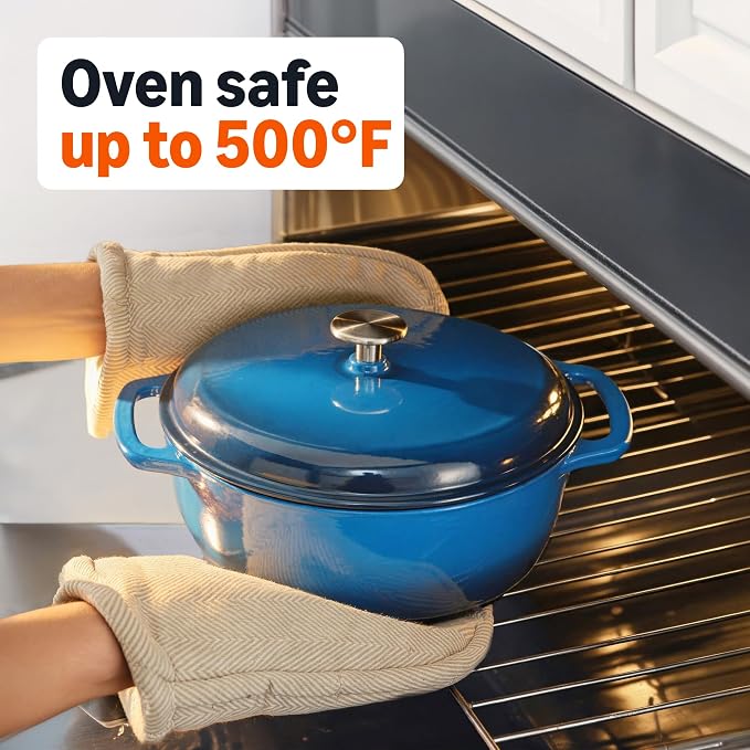 Amazon Basics Enameled Cast Iron Dutch Oven Pot with Lid, Round, Dual Handles, Heavy-Duty, Oven Safe for Stews, Roasting, Baking, 7.3-Quart, Blue