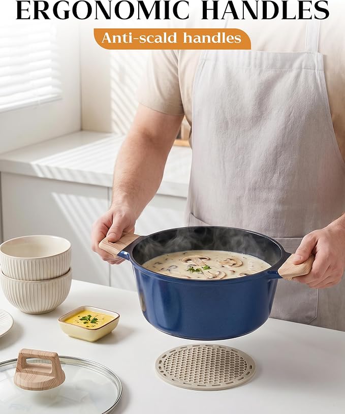 FDN Titanium Ceramic Cooking Pot with Lid, Pfos & Pfoa Free Nonstick Stock Pot, Large Soup Pot, Big Pots for Cooking, Multipurpose Cookware, Ollas Antiadherentes Para Cocinar, Cacerolas, Blue