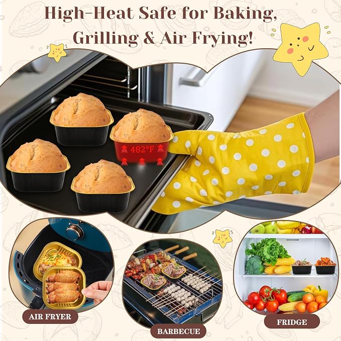 YQER 60 Pack 10oz Mini Cake Pans with Lids, Spoons, Stickers - Disposable Square Brownie Baking Cups - Individual Small Aluminum Foil Loaf Tins for Muffin, Ramekins, Cupcake - Catering, Gift, Black