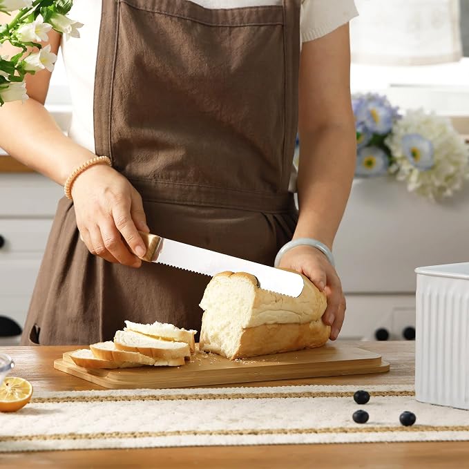 Large White Vertical Stripe Embossed Bread Box with Bamboo Lid | Corner Breadbox for Homemade Bread, Metal Bread Storage Container Bin for Kitchen Countertop