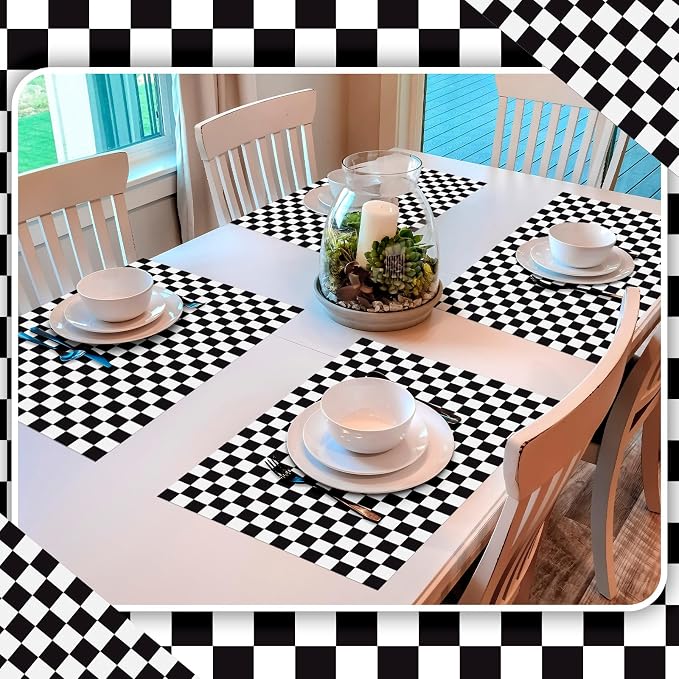 100 Pcs Checkered Paper Placemats Birthday Party Supplies Disposable Placemats for Kids Baby Shower Men Party Decorations Favors 11 x 17 Inch(Black, White)
