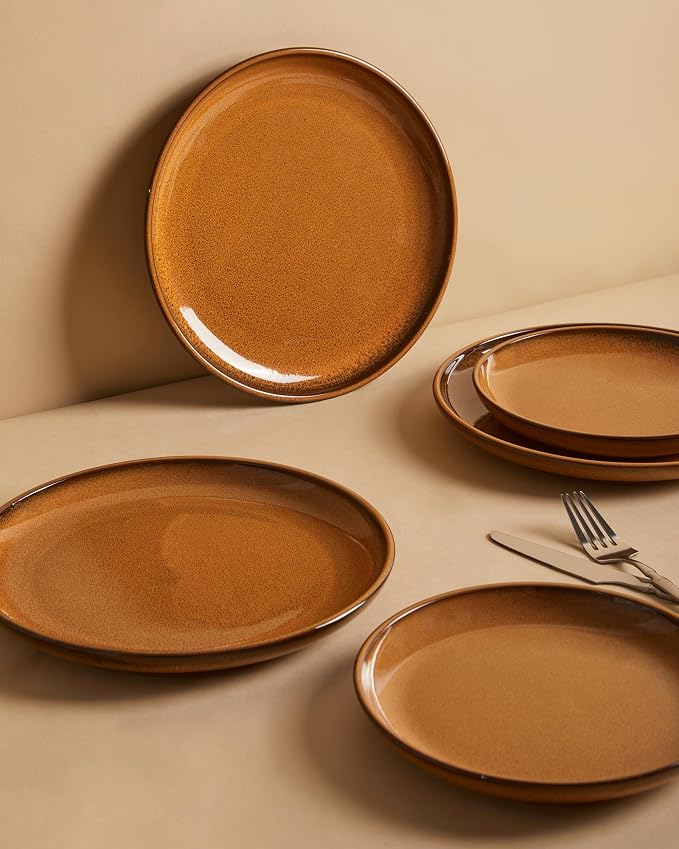 Santorini Mist Terracotta Reactive Glaze Plates and Bowls Sets, Stoneware Dinnerware Sets, Microwave and Dishwasher Safe Ceramic Dish Set Service for 4, Caramel Brown