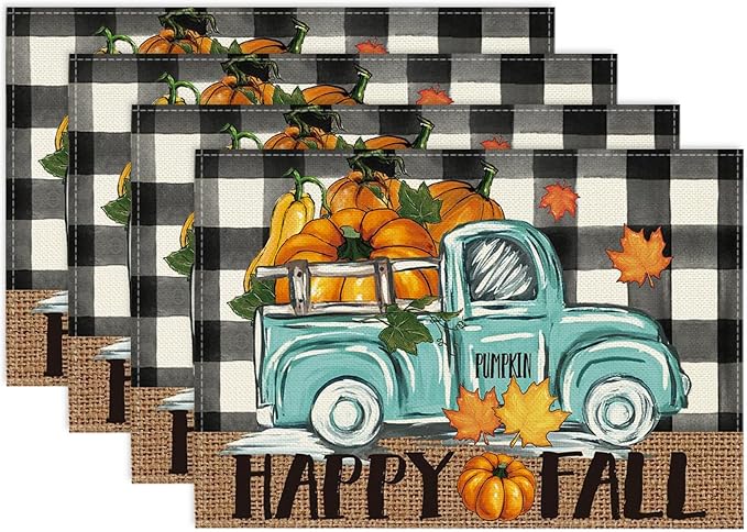 Buffalo Plaid Check Pumpkins Truck Thanksgiving Fall Placemats Set of 4, 12x18 Inch Autumn Table Mats for Holiday Party Kitchen Dining Room Decoration