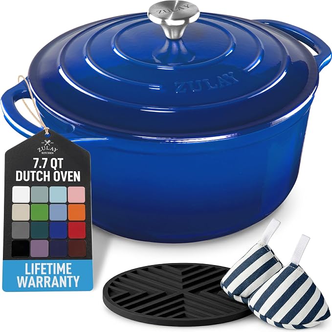 Zulay Kitchen 7.7 Quart Enameled Cast Iron Dutch Oven Pot with Lid – Premium Durability & Oven Safe up to 500°F – Heavy Duty Cookware Perfect for Bread Baking, Stews, Braising & Roasting – Blue