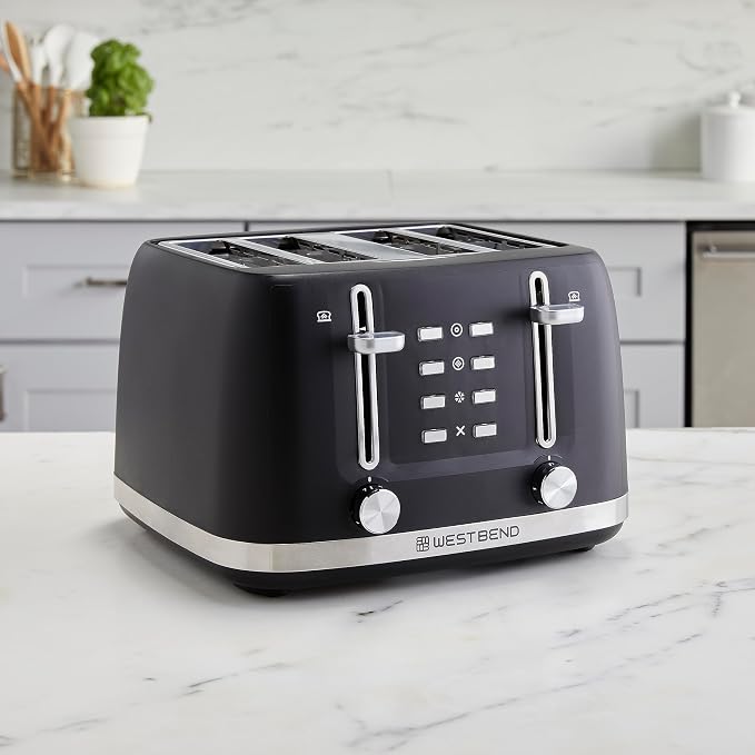 West Bend Toaster 4-Slice Extra-Wide and Deep Slots with 3 Functions and 7 Shade Settings Manual Toast Lift Lever Auto Shut-Off and Removable Crumb Tray, 1500-Watts, Black