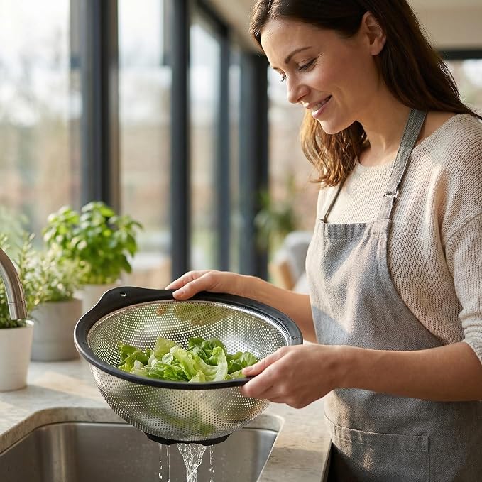 304 Stainless Steel Colander 3-Quart, Heavy Duty Metal Strainer with Riveted Handles, Micro-Perforated Food Strainer for Draining Pasta, Orzo, Rice, Berry, Stable Ring Base, Rust Free