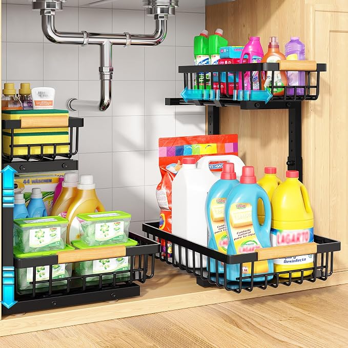 Under Sink Organizer 2 Pack, Adjustable Height 2-Tier Pull Out Cabinet Organizers, Heavy Duty Metal Slide Out Drawers, Under the Sink Organization and Storage Shelf for Kitchen Bathroom Pantry, Black