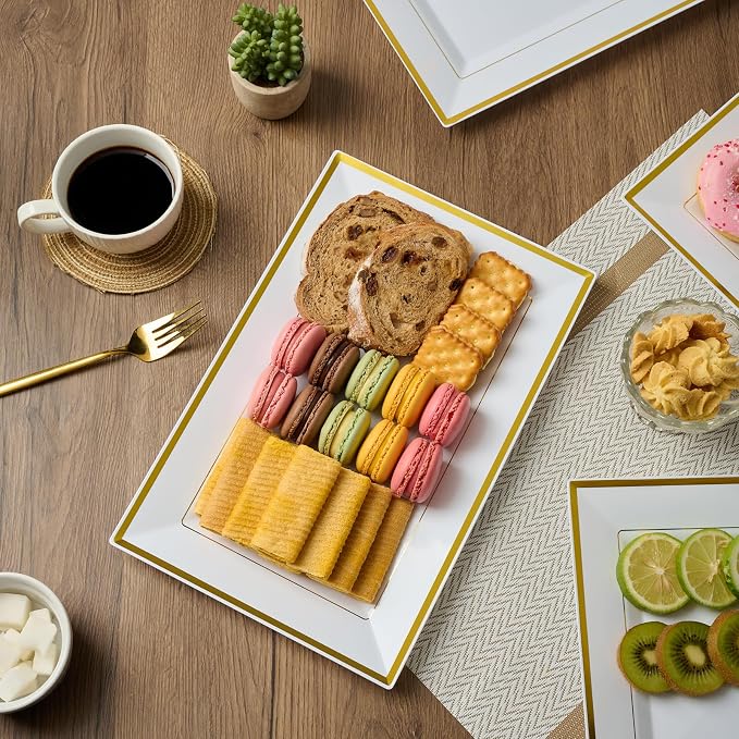 FOCUSLINE 8 PCS Plastic Serving Trays for Party, White Gold Rim Platters | Durable Construction, Elegant Appearance, Disposable and Reusable, Ideal for Parties, Weddings, Catering, Desserts