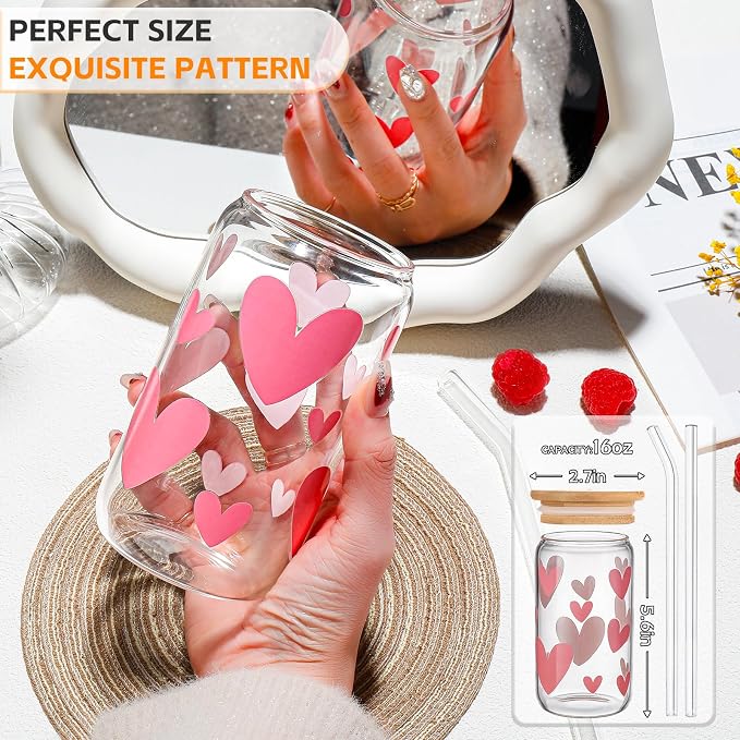 DWTS DANWEITESI Glass Cups with Lids and Straws with Design Pink Hearts 4 pcs,Clear Glass Cups 16 oz-Glass Tumbler,Cute Glass Iced Coffee Cups with Lids and Straws 480ml