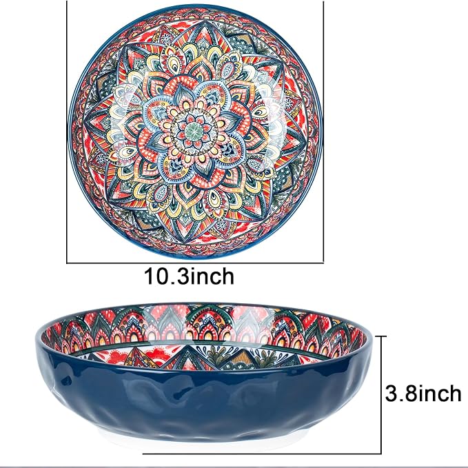75 Oz Serving Bowls,Bohemian Style Large Porcelain Dishes for Entertaining Parties,Big Bowls for Eating Soup, Salad, Pasta, Fruit, Chips, 10.3 Inch Diameter (blue blue)