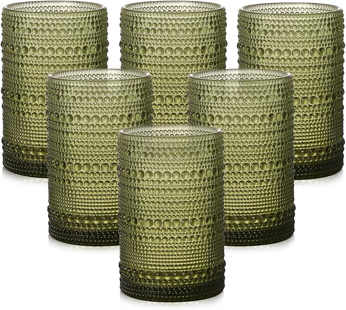 ZMOWIPDL Drinking Glasses Set of 6,15 oz Green Hobnail Glass Cups | Vintage Glassware，Embossed Water Tumbler,for Beer,Cocktail,Whiskey,Juice and Various Mixed Drinks- 1 Cleaning Brush