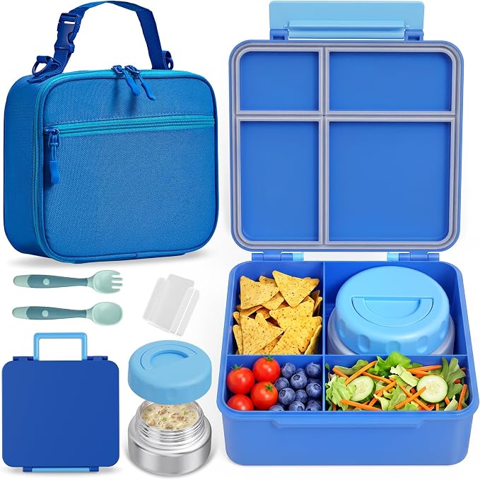 Bento Box for Kids with Thermo Food Container (9oz), 4-Compartment Lunch Box, Adjustable Divider, Leakproof Bento Lunch Box, Includes Utensils & Carry Bag for School, Office(Blue)