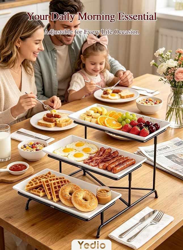 3 Tier Serving Tray, 12 Inch Dessert Display Stand, Black Stand | 3*Porcelain Durable Serving Plates, Microwave/Dishwasher Safe, Modern Cupcake Fruit Buffet Display, Wedding/Tea/Party serving