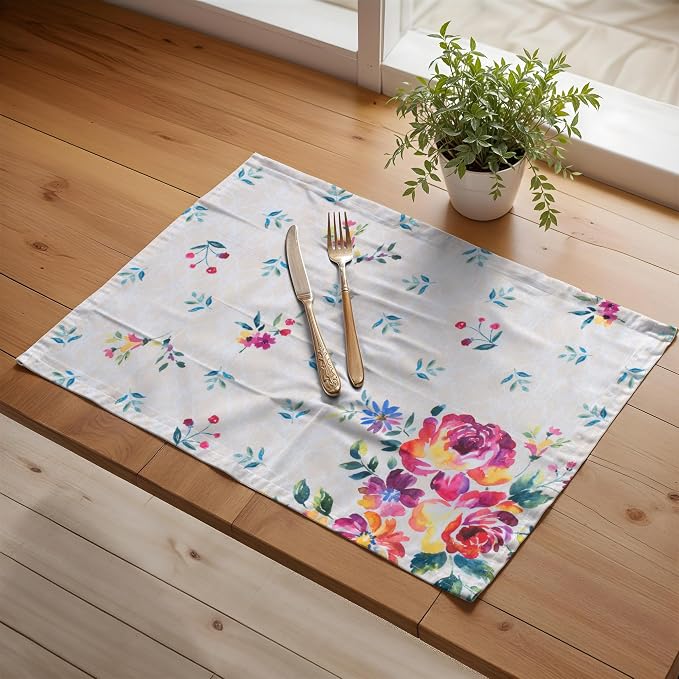 Maison d' Hermine Placemats Set of 4 Reusable 100% Cotton (13"x19") | Cloth Place Mats Washable Table Mats for Kitchen Dining Party Wedding Hotel Home Restaurant Spring Summer - Rose Garden