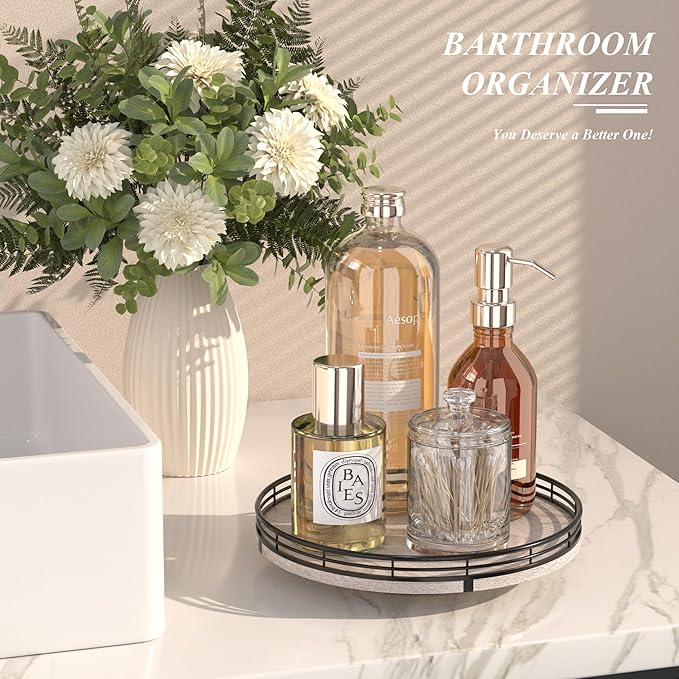 AMH 10-Inch Rustic Whitewashed Oak Lazy Susan Vanity Tray | Smooth rotating oak tray with walnut finish for dining tables, kitchen counters, pantries and cabinet storage.