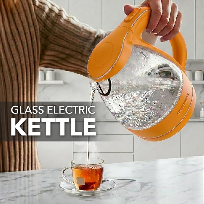 OVENTE 1.5L Glass Electric Kettle Water Boiler, Orange KG83O | 1100W Fast Boiling, Borosilicate Glass, BPA-Free, Blue LED, Auto Shut-Off, Boil-Dry Protection, Removable Filter, 360° Base