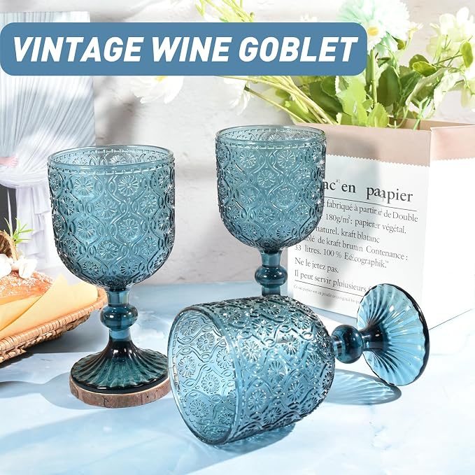 CHLJAR Colored Wine Glass Goblet Set of 6, 14 oz Blue Goblets Glassware, Blue Vintage Glassware for Weddings, Parties, Restaurants, Family Gatherings, Bars, Cafeterias, Dishwasher Safe