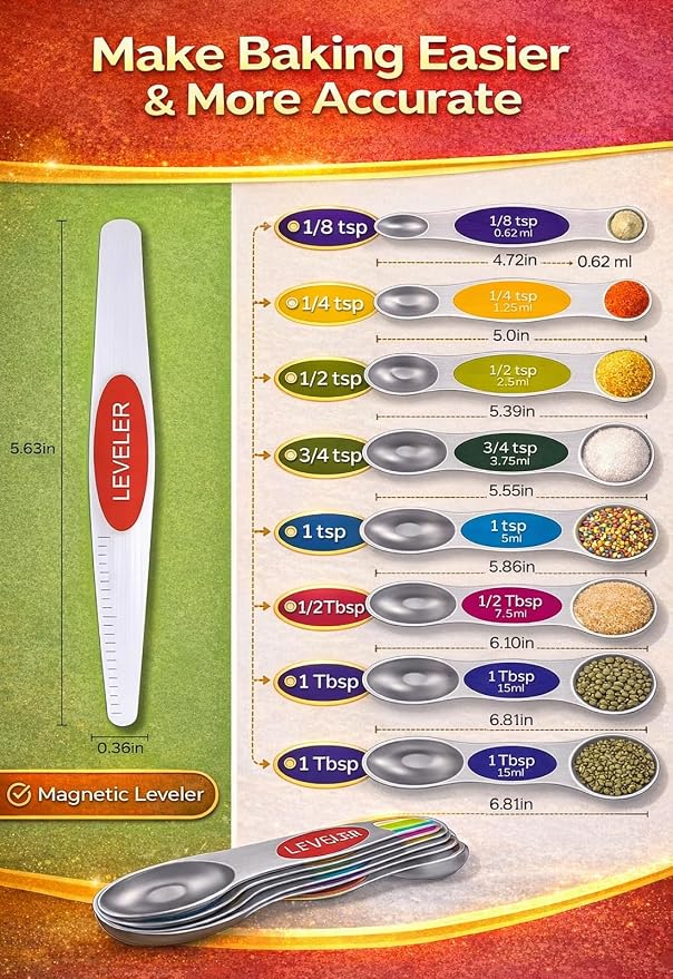 Premium Magnetic Measuring Spoons Set|Strong N52 Magnets|Heavy Duty Stainless Steel|Dual-Sided for Spice Jar & Liquid Measuring|Dishwasher Safe|7 Spoons with Leveler for Baking & Cooking (Colorful)
