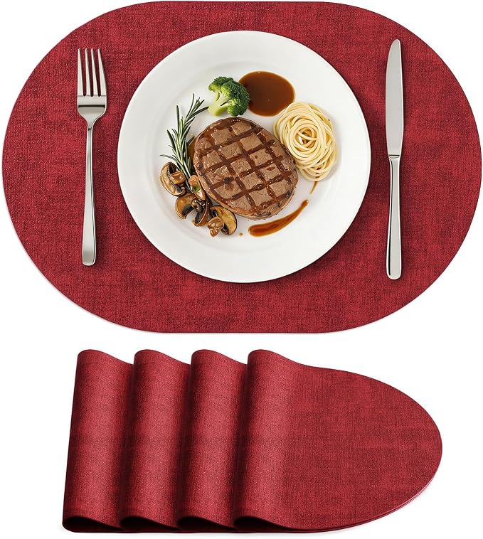 Placemats Set of 4, 11.8 x 17 Inch, Red | Heat Resistant Oval Faux Leather Place Mats, Waterproof Wipeable Reversible PU Placemat, Indoor & Outdoor