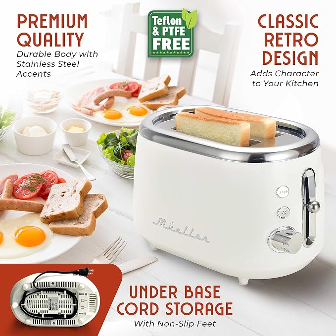 MUELLER HOME Retro Toaster 2 Slice, 7 Browning Levels | 3 Functions (Reheat, Defrost, Cancel), Stainless Steel Features, Removable Crumb Tray, Under Base Cord Storage, White