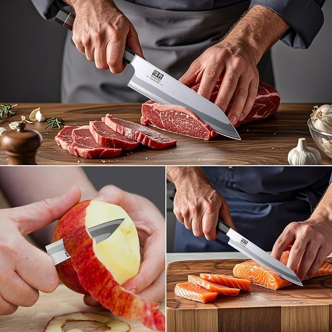 SHAN ZU 3PCS Japanese Knife Set, 9 Layers 10Cr15MoV High Carbon Steel | Professional Kitchen Knives, Sharp Chef Knife Set with Ergonomic Red Sandalwood Handle, Sashimi Cooking & Cutting Knives Set