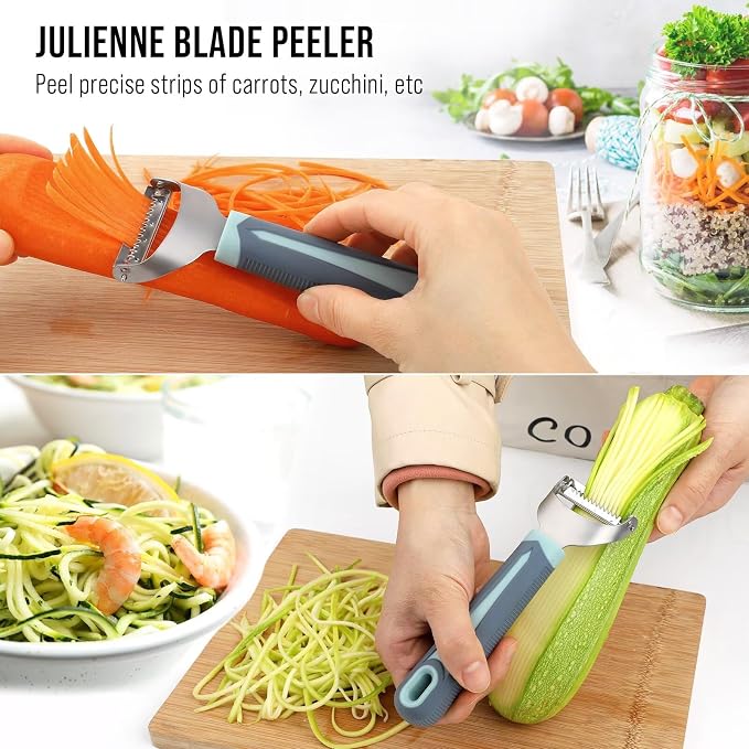 Julienne Peeler Vegetable Peeler with 4.8'' Long Silicone Handle | Non-slip grip & sharp blade; Y carrot shredder-for strips; Potato/serrated peeler-ordinary peeling/soft skin; 3 Pack; Blue