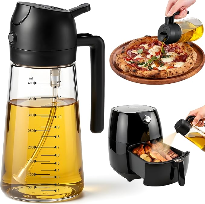 Glass Olive Oil Sprayer for Cooking 16oz/470ml – Transparent 2 in 1 Glass Oil Sprayer & Dispenser with Scale, Kitchen Gadgets & Air Fryer Accessories, Olive Oil Dispenser – Black