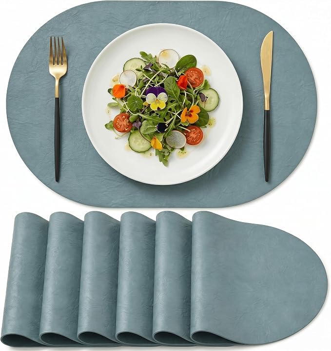 Artoid Mode Blue Faux Leather Oval Placemats Set of 6, 12 x 18 Inch Waterproof Wipeable Heat Resistant Vinyl Place Mats, Reversible Table Mats for Kitchen Dining Decor