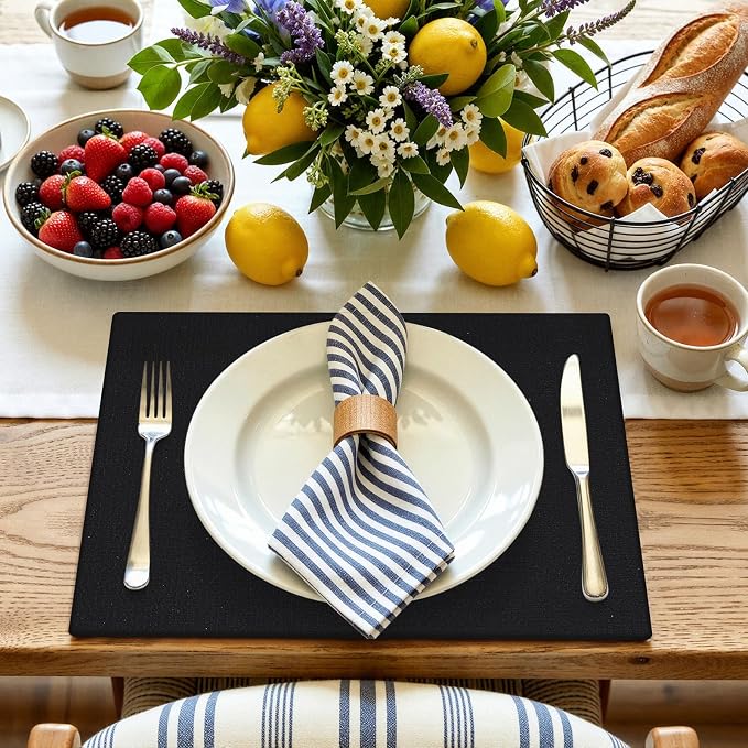 Faux Leather Heat Resistant Placemats 6 Packs, Waterproof Wipeable Dining PU Place Mats for Indoor & Outdoor, Easy to Clean, Black